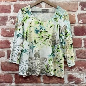 Chicos Top Women's Medium 1 Multicolor Floral Postmark Scripted Slubbed Shirt